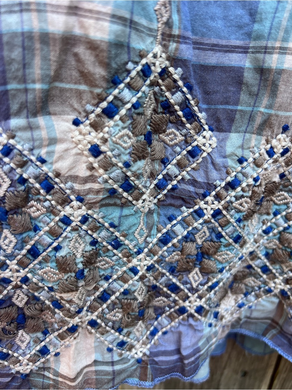 JOHNNY WAS Purple Blue Plaid Embroidered Boho SS Women’s Small Top - Picture 6 of 11